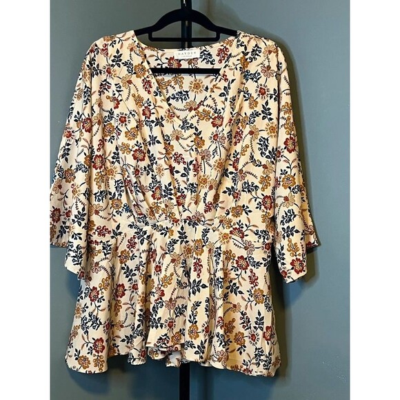 Hayden Tops - Hayden Cream Floral Blouse with Red, Navy & Mustard Accents